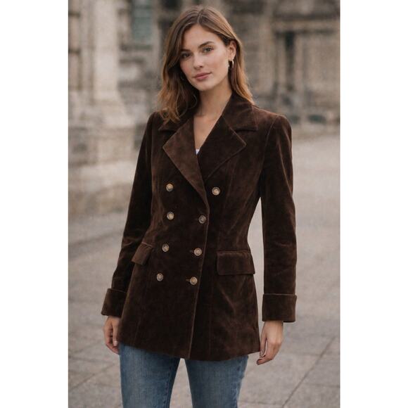 The J Peterman Company Jackets & Blazers - Vintage J Peterman Co. Brown Velvet Peacoat Womens Sz 8 Double Breasted USA Made